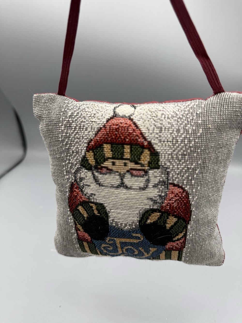 Santa Claus Joy Tapestry Pillow Ornament Christmas Door Hanger 5” Handmade